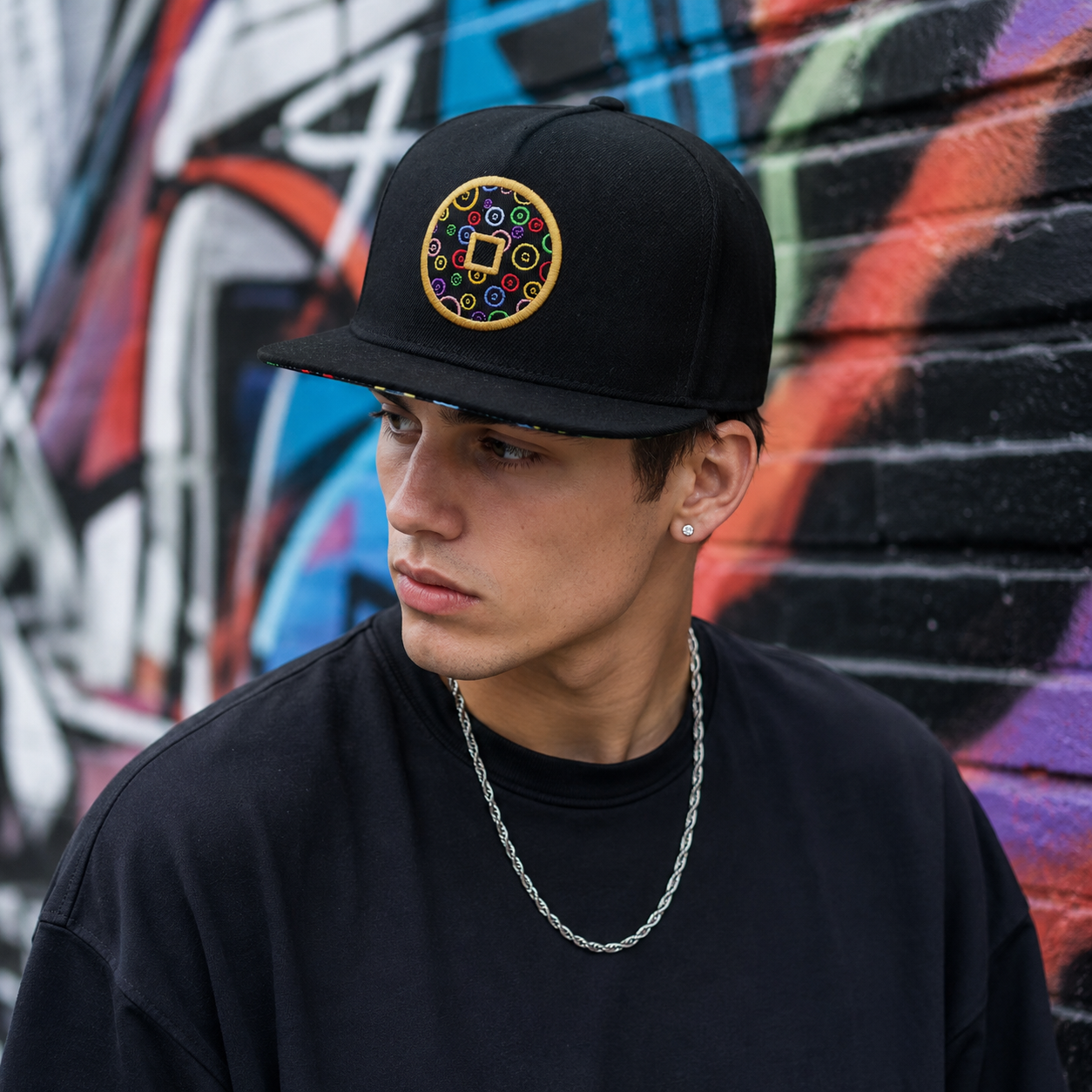 Black Circular Multicolor Embroidered Snapback Hat