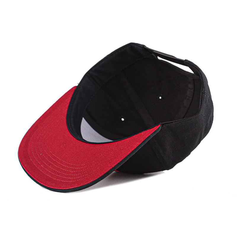 Black Six-Panel Flat Brim Snapback Cap with Red Graphic Embroidery