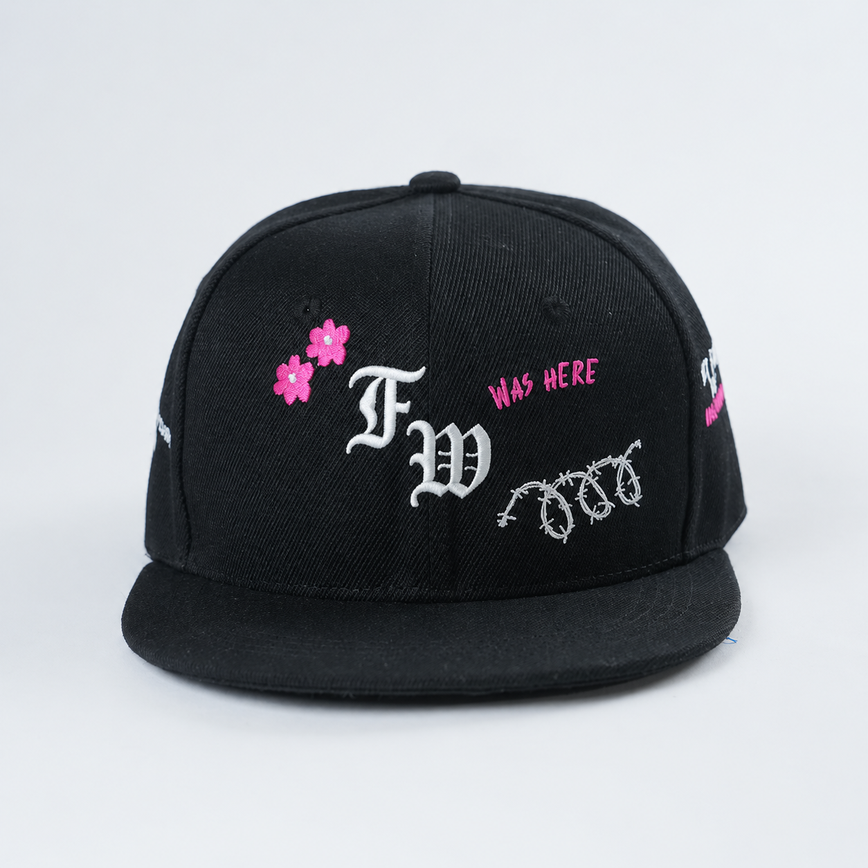 Black Floral Gothic Embroidered Flat Brim Snapback Cap