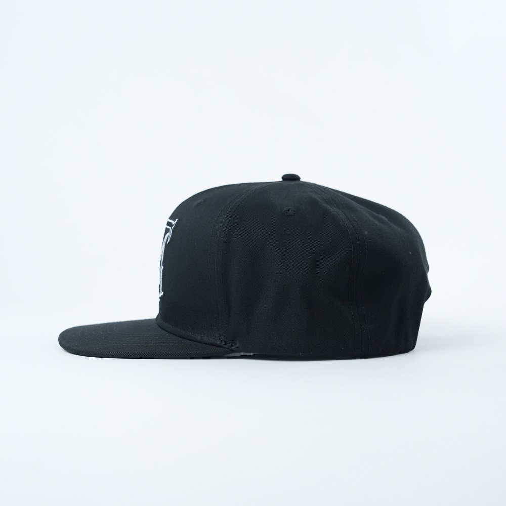 Black Six-Panel Flat Brim Snapback with White Outline Embroidery