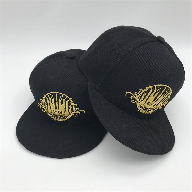 Black 6 Panel Gold Embroidered Logo Flat Brim Snapback Cap