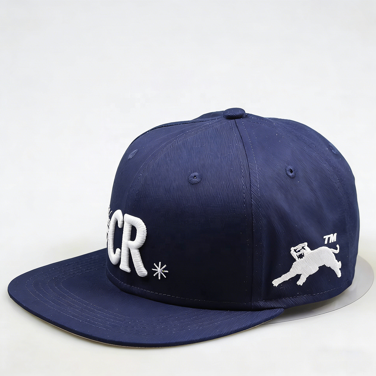 Navy Blue CR Embroidered Flat Brim Snapback Cap with Script Detail