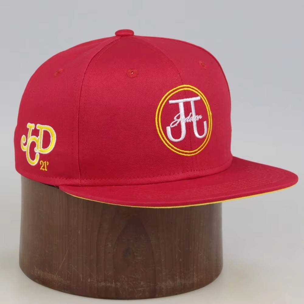 Red JJ Design Embroidered Flat Brim Snapback Cap