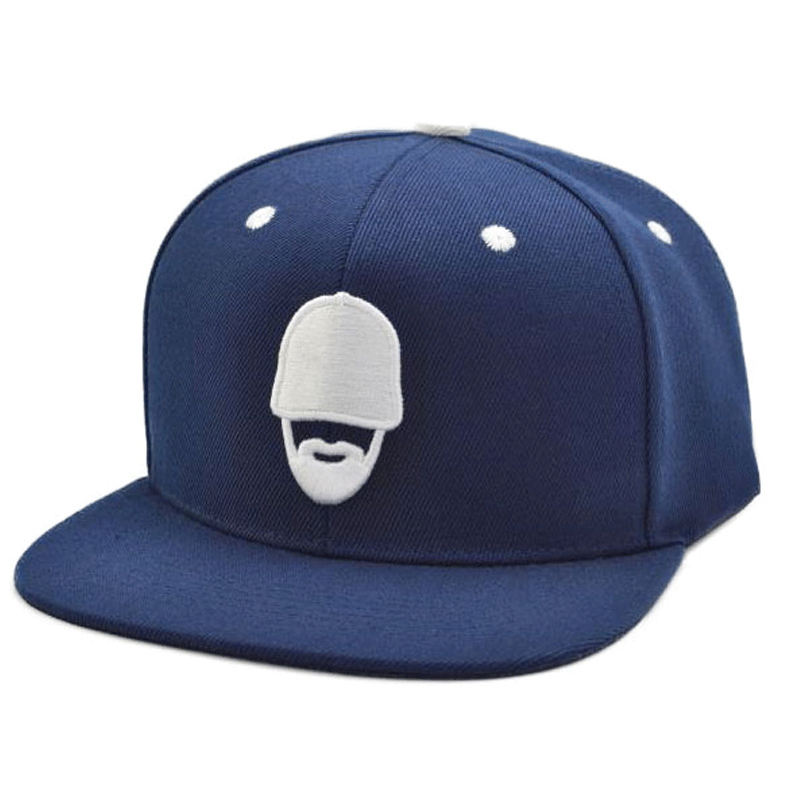 Navy Blue Flat Brim Snapback Cap with Minimalist Face Embroidery