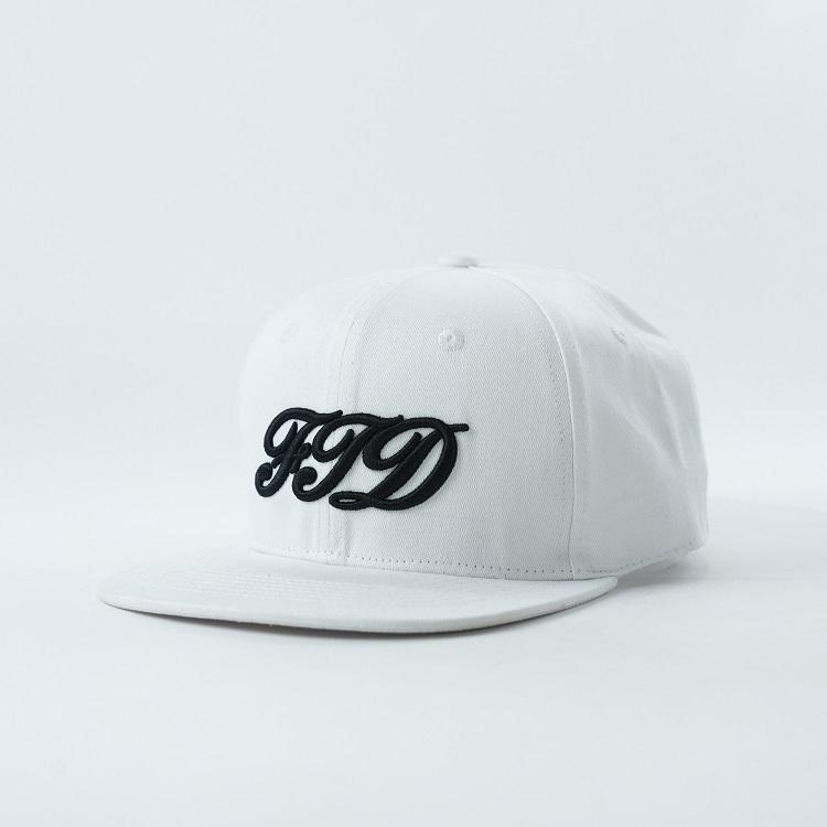 White Flat Brim Snapback Cap with Black Script Embroidered Logo