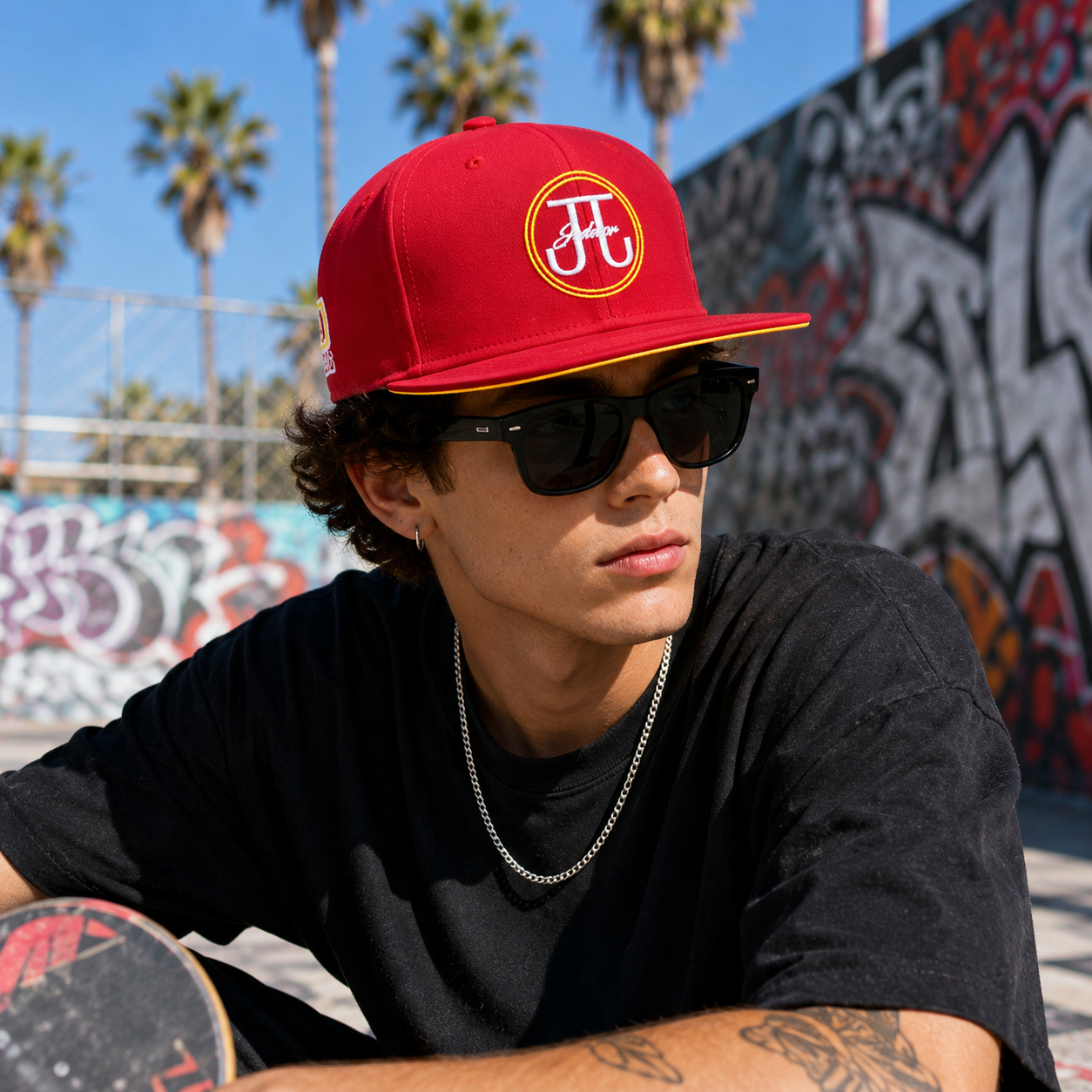 Red JJ Design Embroidered Flat Brim Snapback Cap