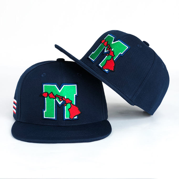 Navy Flat Brim Snapback Cap with Island Letter Embroidery