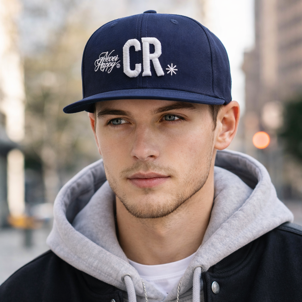 Navy Blue CR Embroidered Flat Brim Snapback Cap with Script Detail