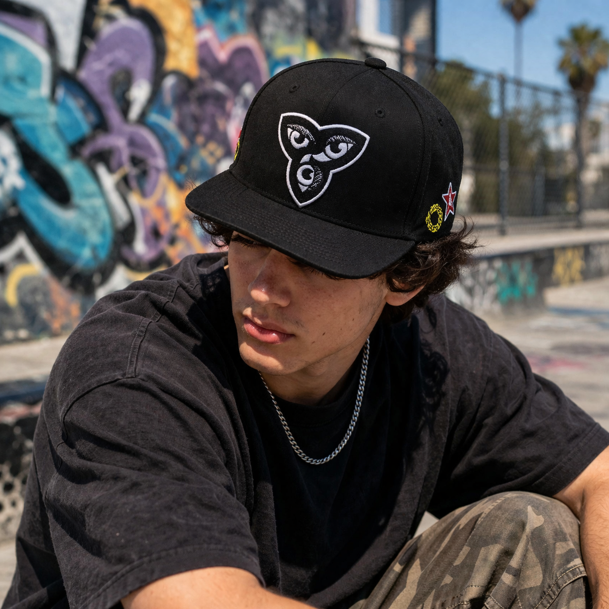 Black Flat Brim Snapback Cap with Abstract Eye Embroidery Logo