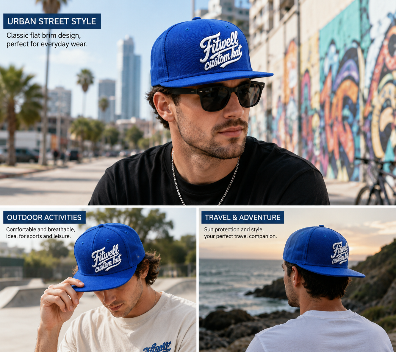 Royal Blue Flat Brim Script Embroidered Snapback Cap
