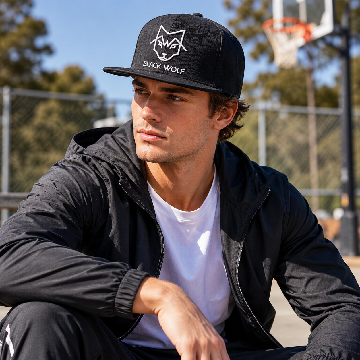 Black Wolf Embroidered Flat Brim Snapback Cap