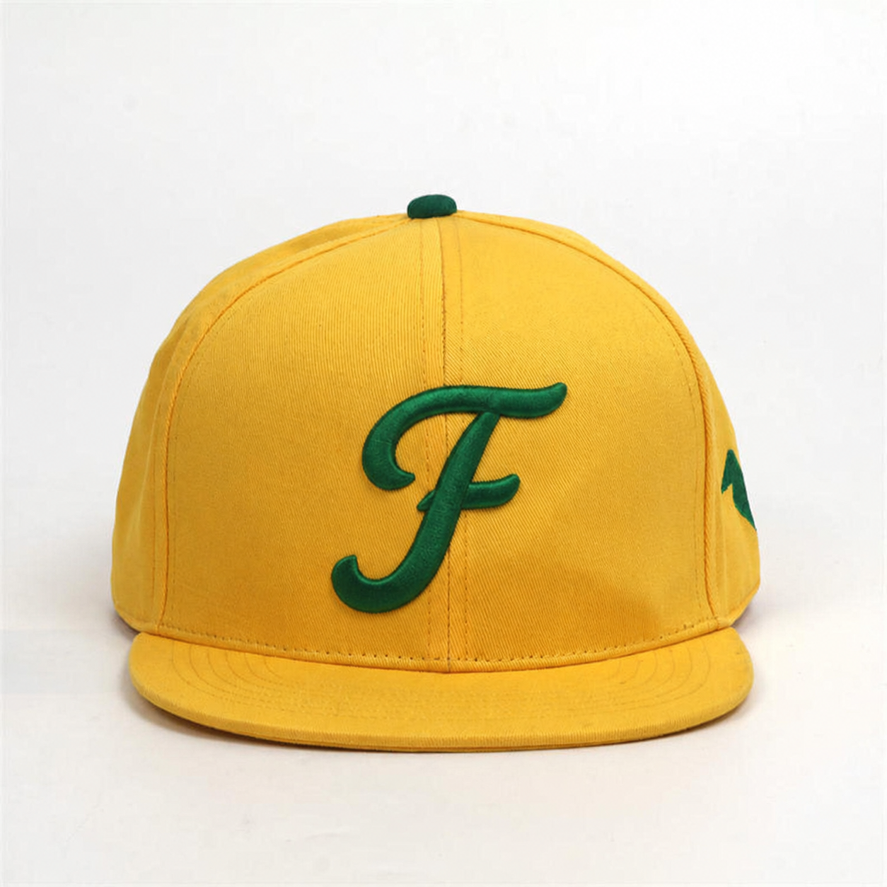 Yellow Flat Brim Snapback Cap with Green Raised Embroidered Logo and Streetwear Style Design