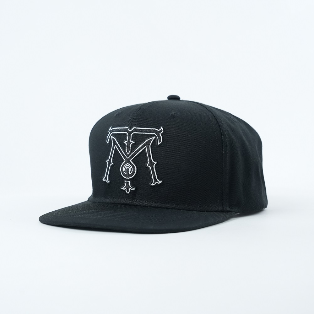 Black Six-Panel Flat Brim Snapback with White Outline Embroidery