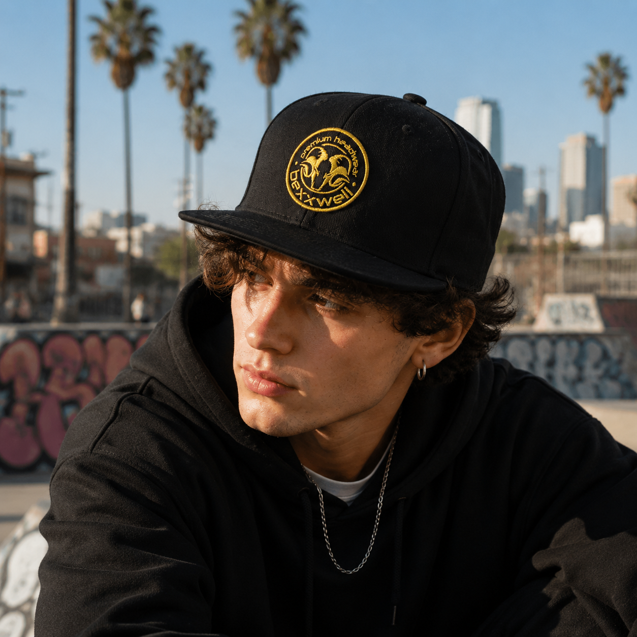 Navy Blue Gold Embroidered Crest Snapback Cap – Streetwear Flat Brim Hat