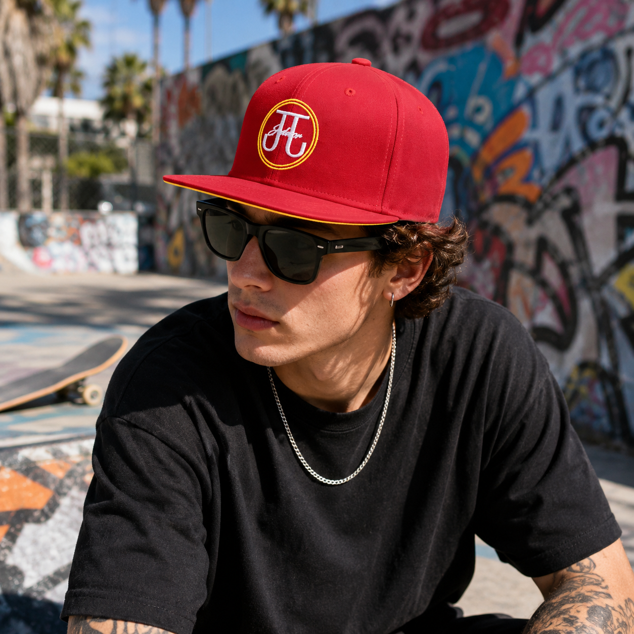Red JJ Design Embroidered Flat Brim Snapback Cap