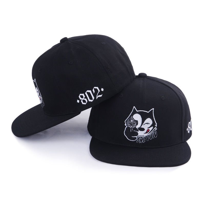 Black Six-Panel Flat Brim Snapback Cap with Front Character Embroidery and Side Number Detail