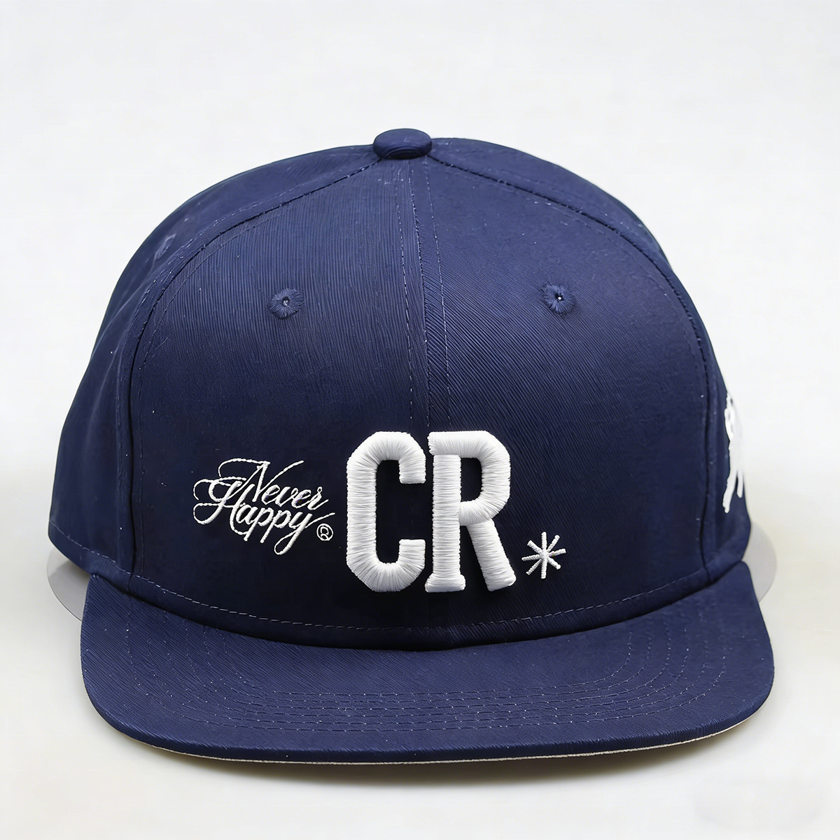 Navy Blue CR Embroidered Flat Brim Snapback Cap with Script Detail