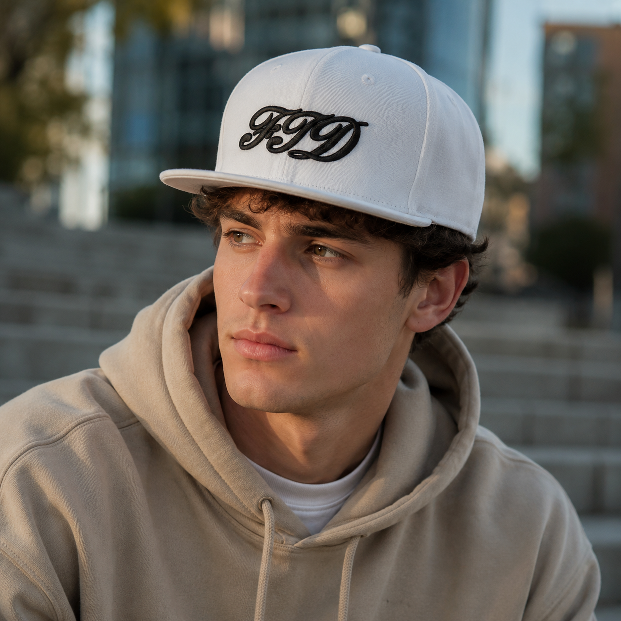 White Flat Brim Snapback Cap with Black Script Embroidered Logo