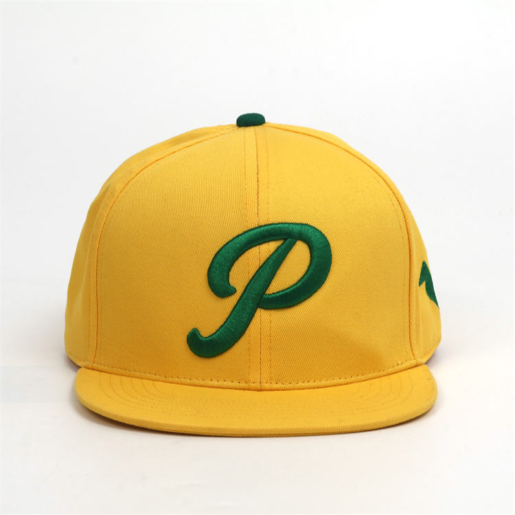 Yellow Flat Brim Snapback Cap with Green Raised Embroidered Logo and Streetwear Style Design