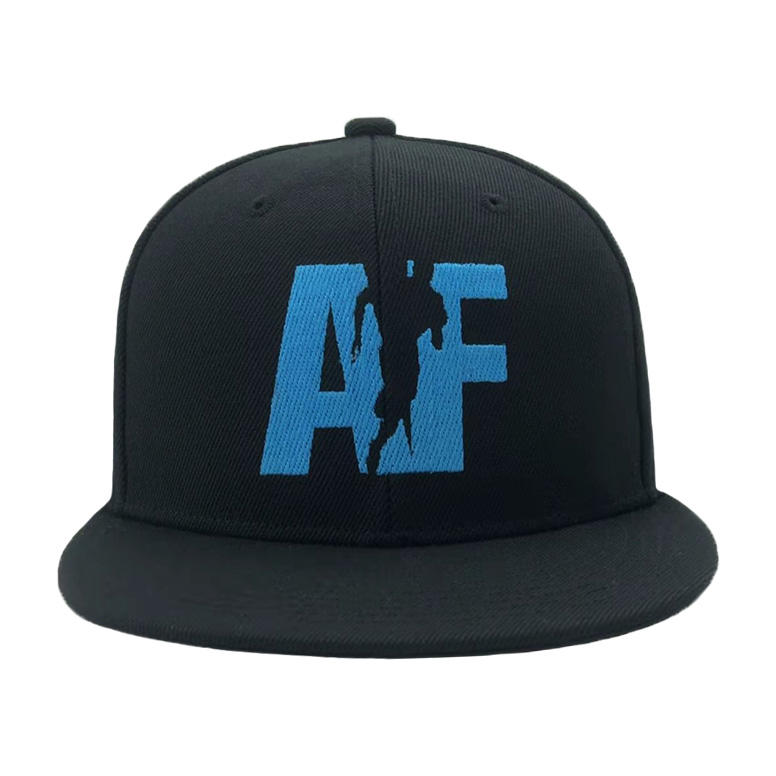 Black Flat Brim Snapback Cap with Blue 3D AF Embroidery