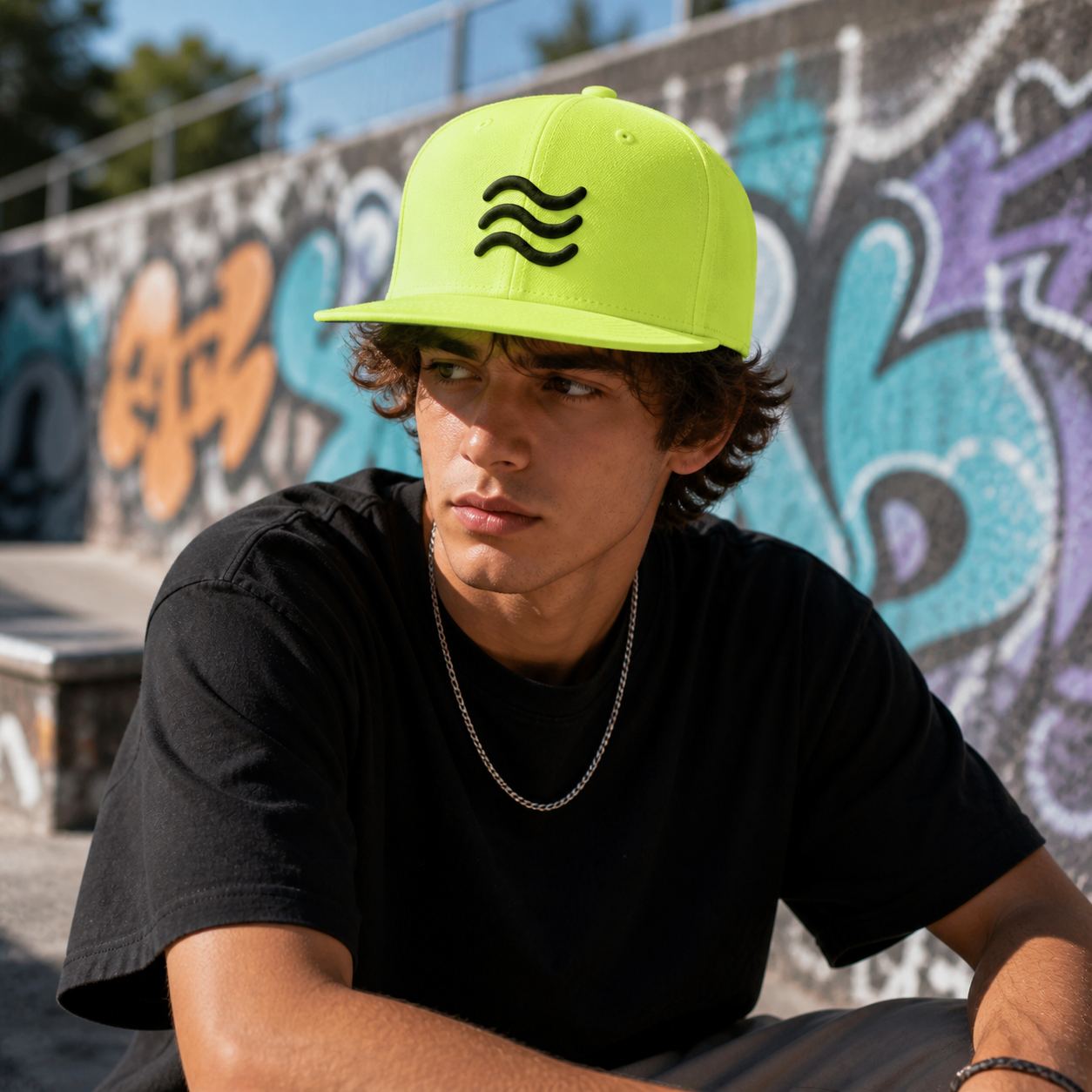 Neon Green Wave Embroidered Snapback Hat