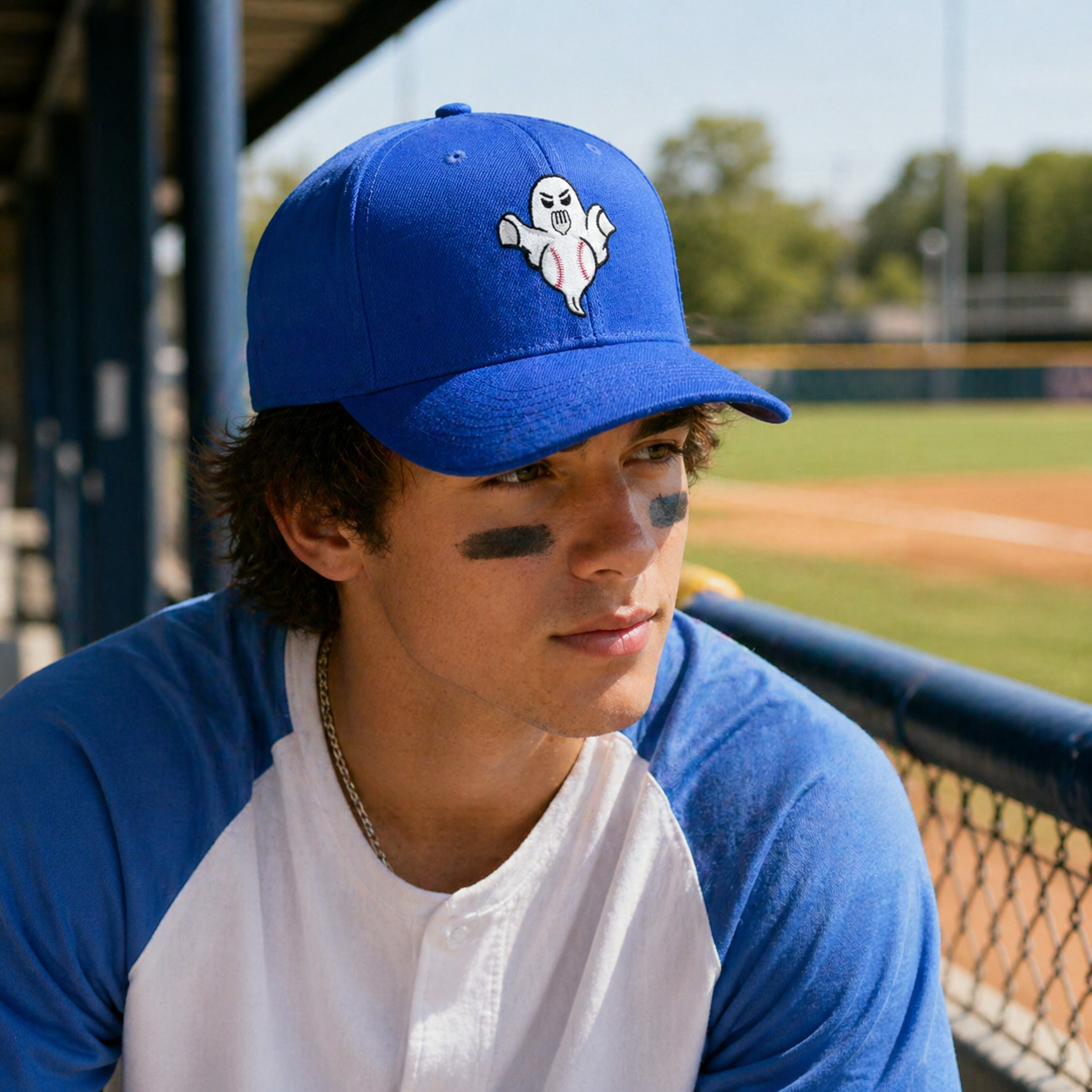 Blue 6 Panel Snapback Cap with Ghost Baseball Embroidery