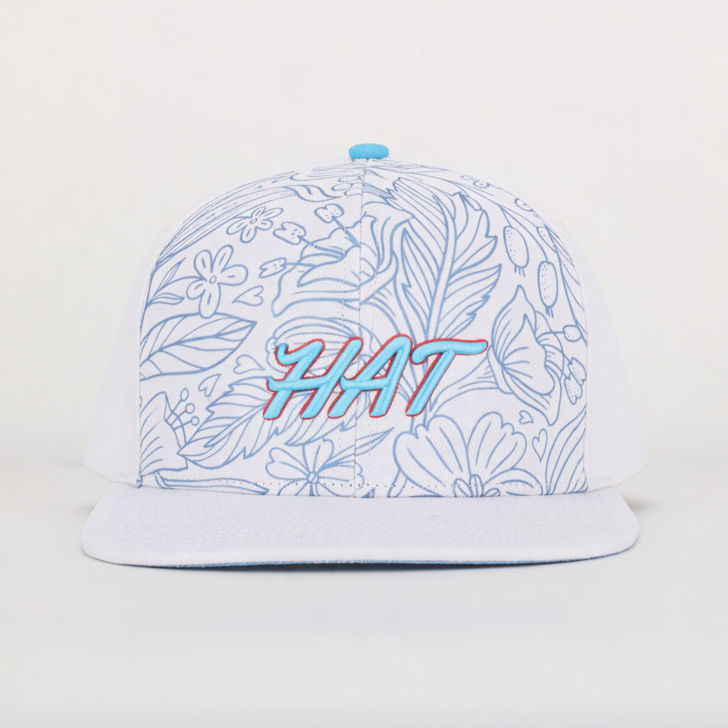 Blue Floral Pattern 3D Script Embroidery Flat Brim Snapback Cap