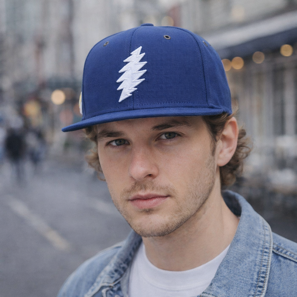 Blue 6-Panel Snapback Cap with Embroidered Lightning Logo