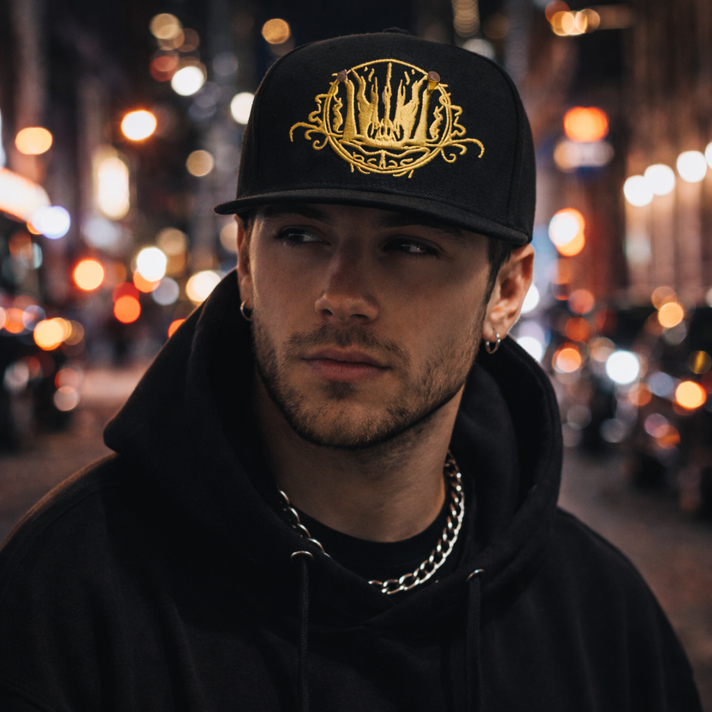 Black 6 Panel Gold Embroidered Logo Flat Brim Snapback Cap
