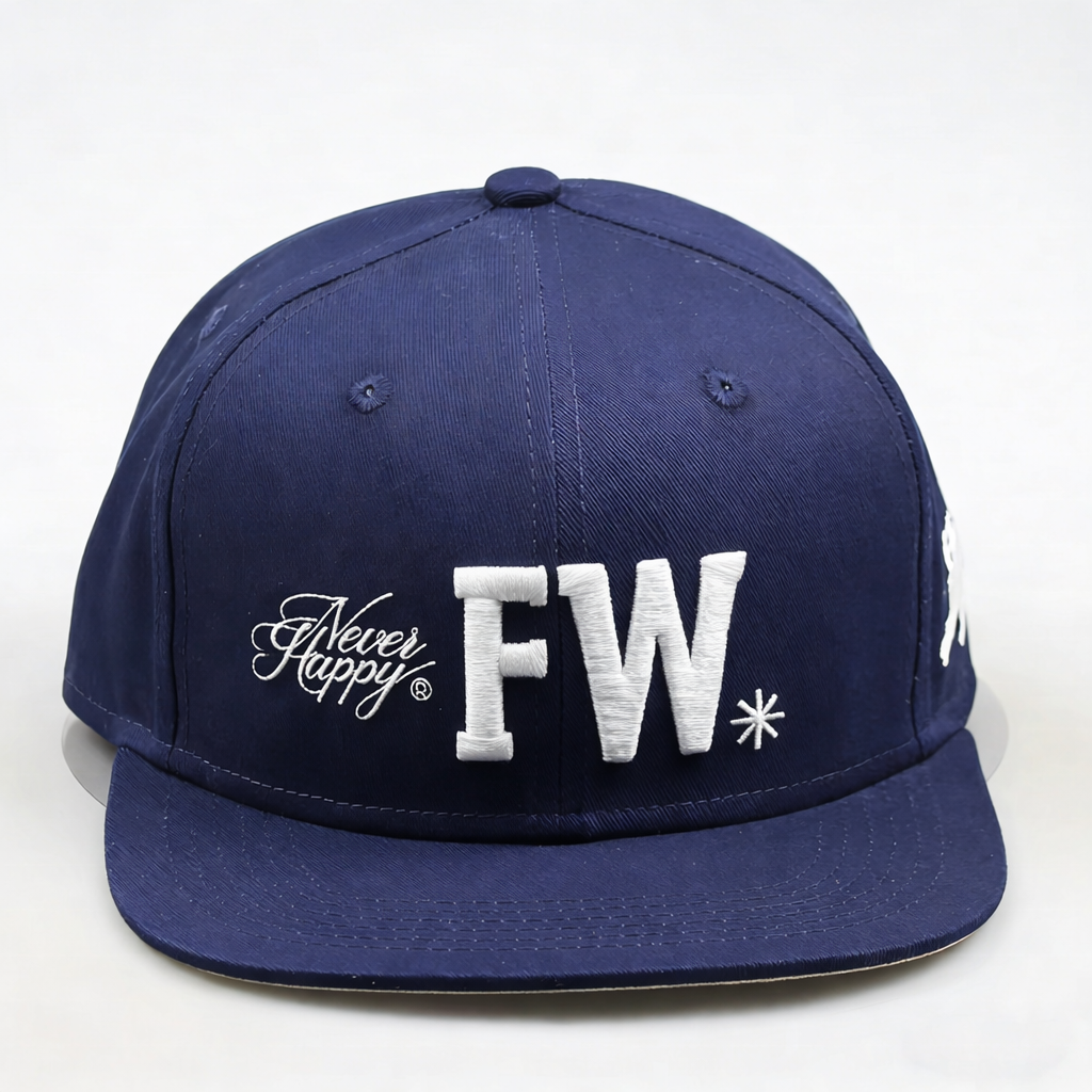 Navy Blue CR Embroidered Flat Brim Snapback Cap with Script Detail