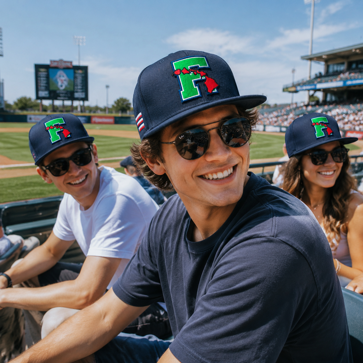 Navy Flat Brim Snapback Cap with Island Letter Embroidery
