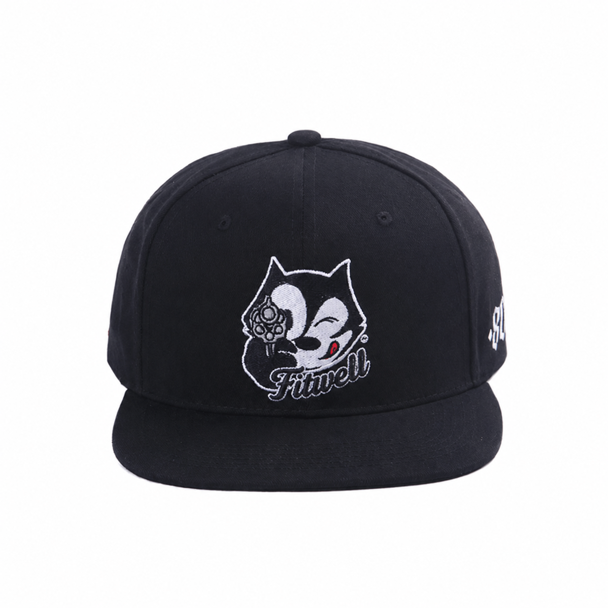 Black Six-Panel Flat Brim Snapback Cap with Front Character Embroidery and Side Number Detail