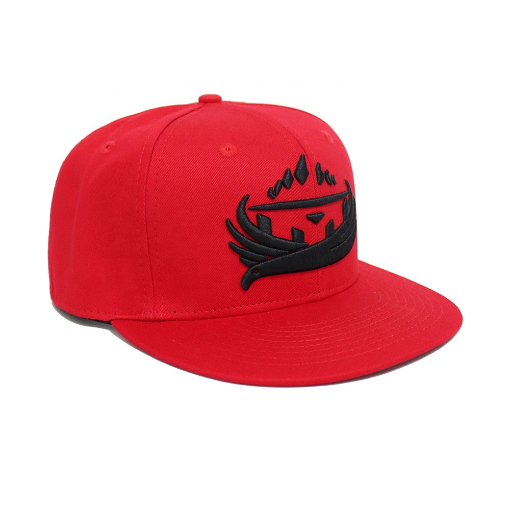 6 Panel Flat Brim Snapback Cap with Raised Embroidered Logo