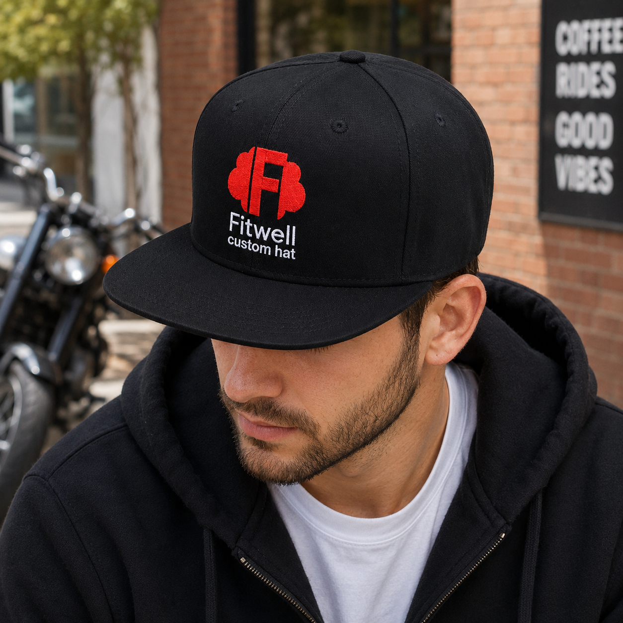 Black Six-Panel Flat Brim Snapback Cap with Redcloud Embroidery