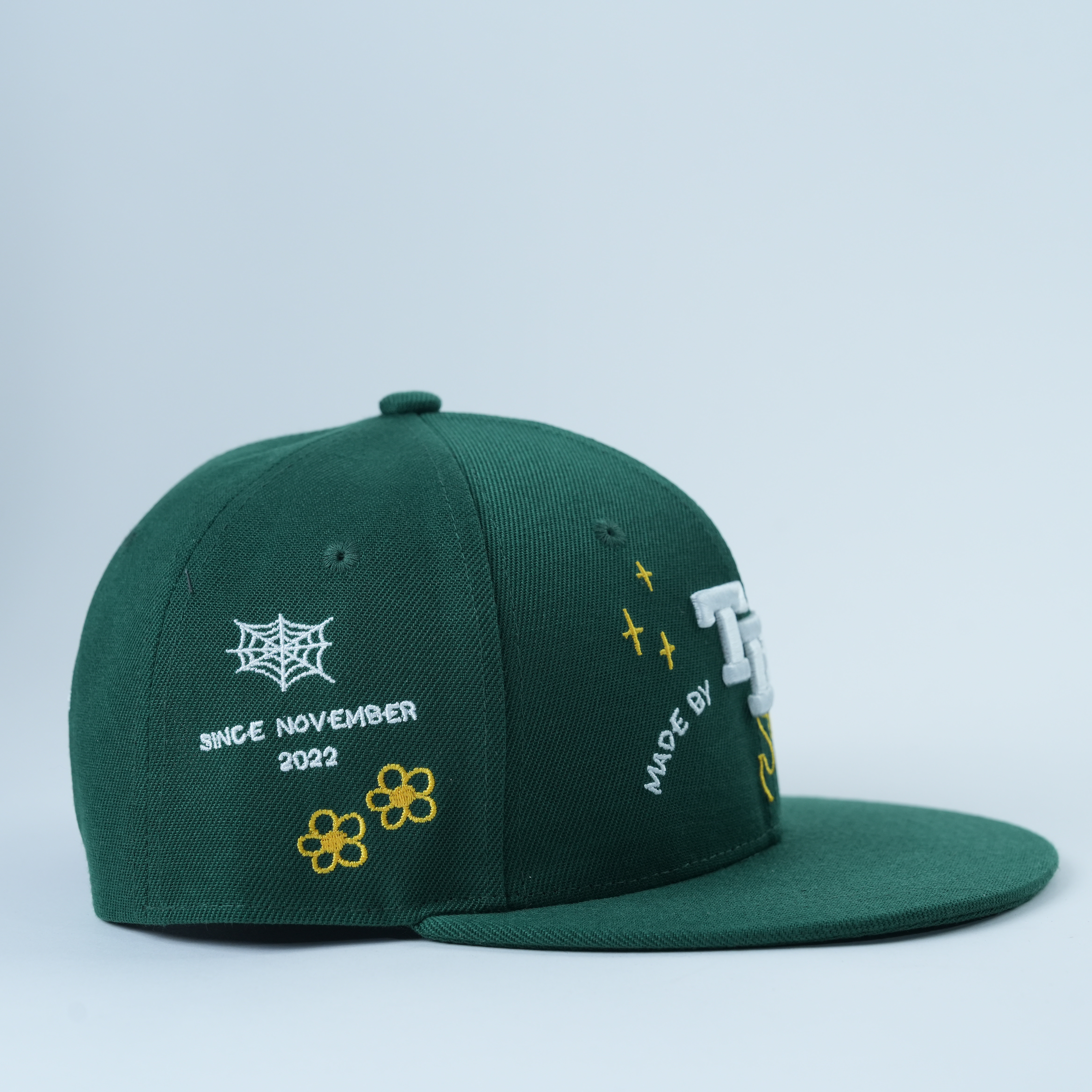 Dark Green Flat Brim Snapback Cap with 3D Letter Embroidery
