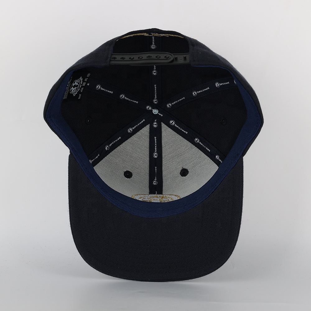 Navy Blue Gold Embroidered Crest Snapback Cap – Streetwear Flat Brim Hat