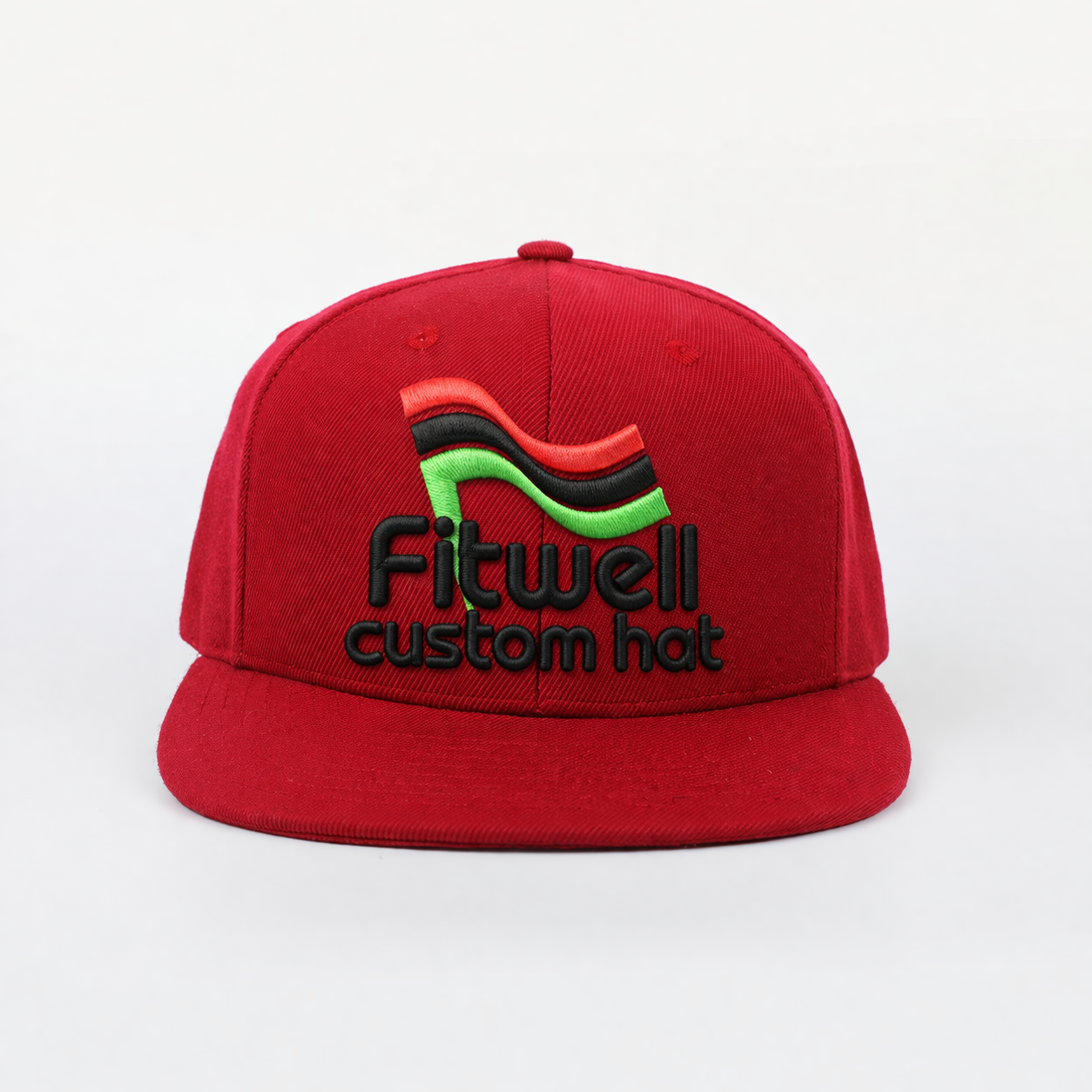 Red Embroidered Logo Flat Brim Snapback Cap with Adjustable Closure