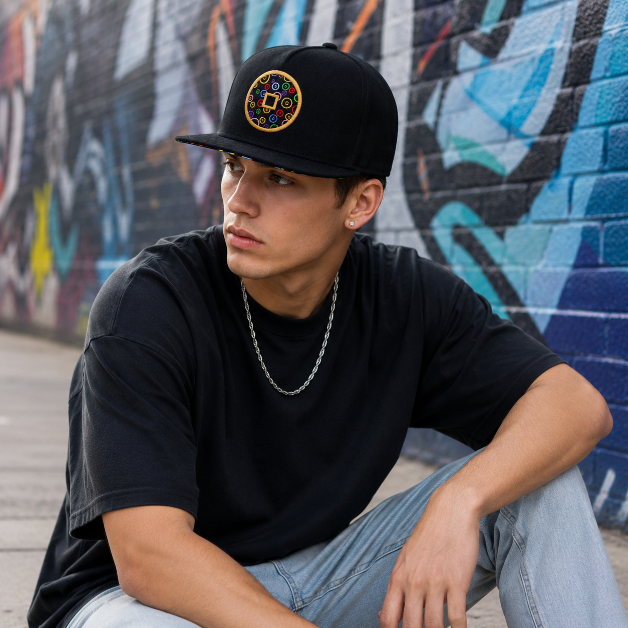 Black Circular Multicolor Embroidered Snapback Hat