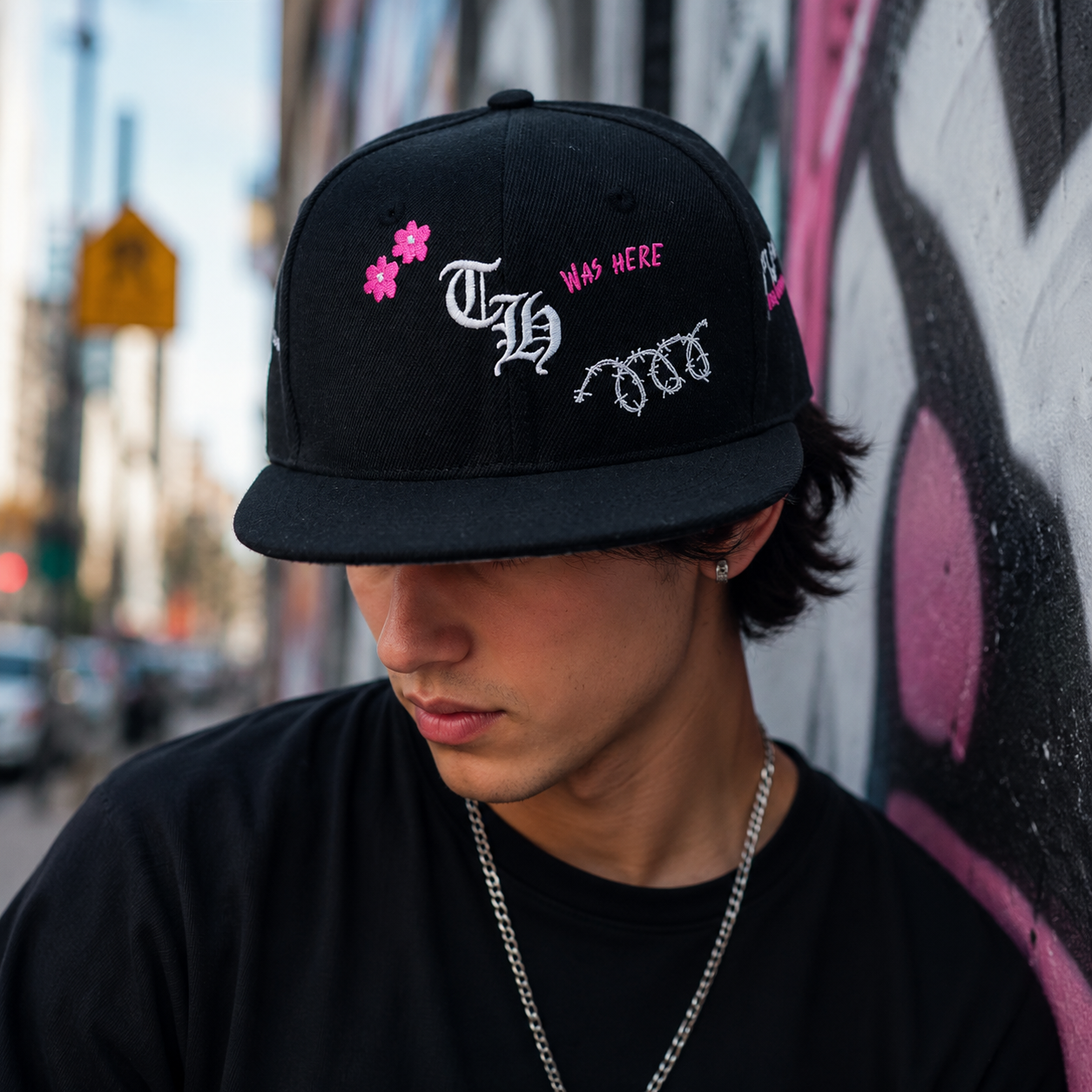 Black Floral Gothic Embroidered Flat Brim Snapback Cap