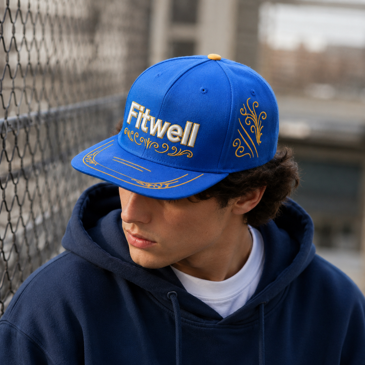Scratched Blue Embroidered Flat Brim Snapback Hat