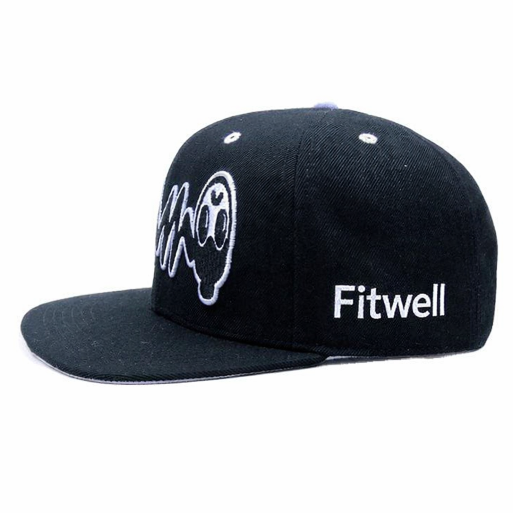 Black 6-Panel Snapback Cap with Graphic Embroidery