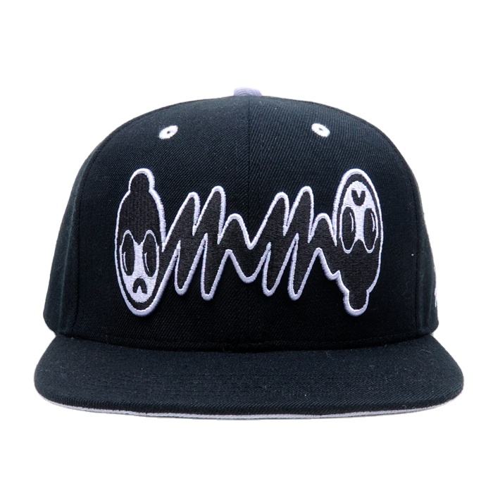 Black 6-Panel Snapback Cap with Graphic Embroidery