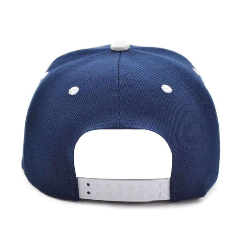 Navy Blue Flat Brim Snapback Cap with Minimalist Face Embroidery