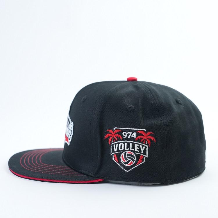 Black and Red Embroidered Flat Brim Snapback Cap