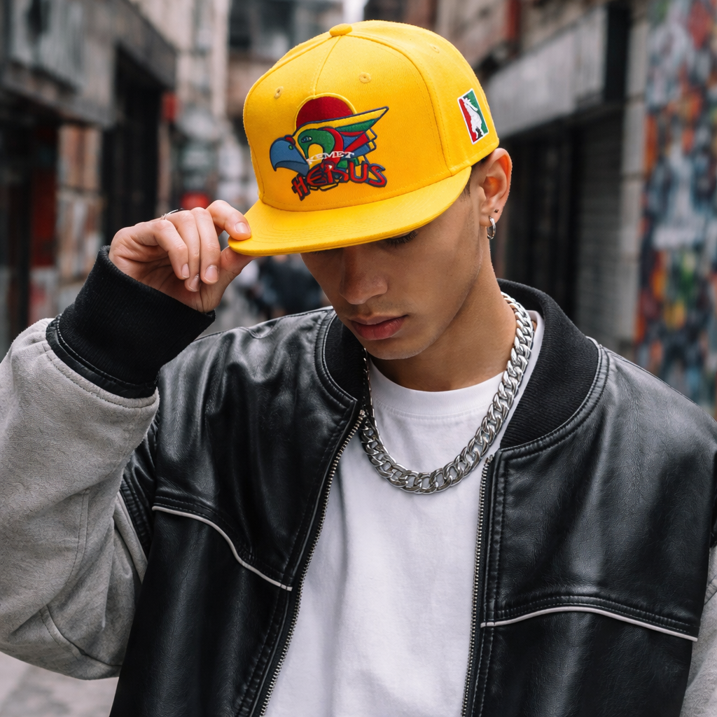 Yellow Aztec Eagle Embroidered Flat Brim Snapback Cap