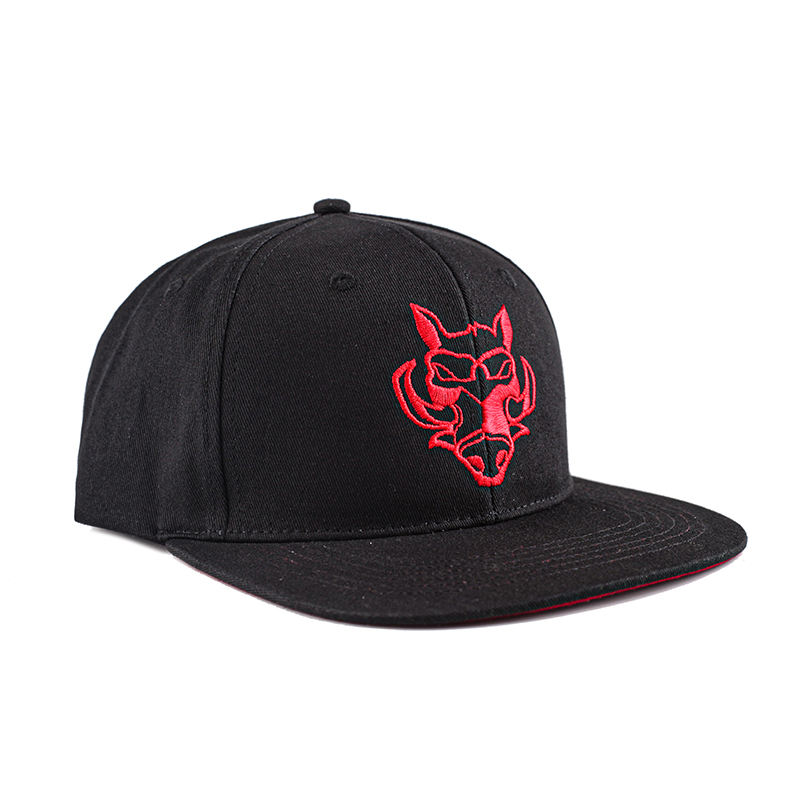 Black Six-Panel Flat Brim Snapback Cap with Red Graphic Embroidery