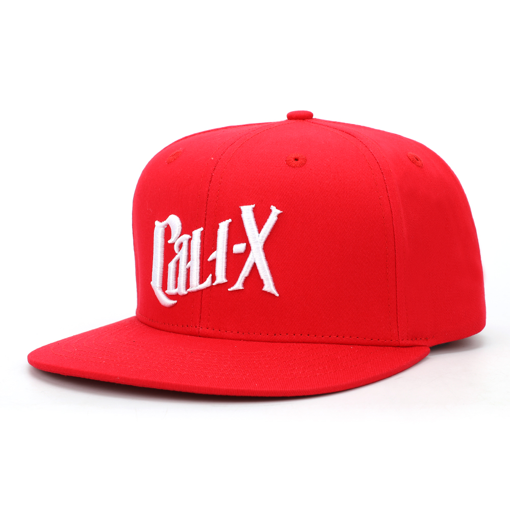 Red 6 Panel Embroidered Flat Brim Snapback Cap