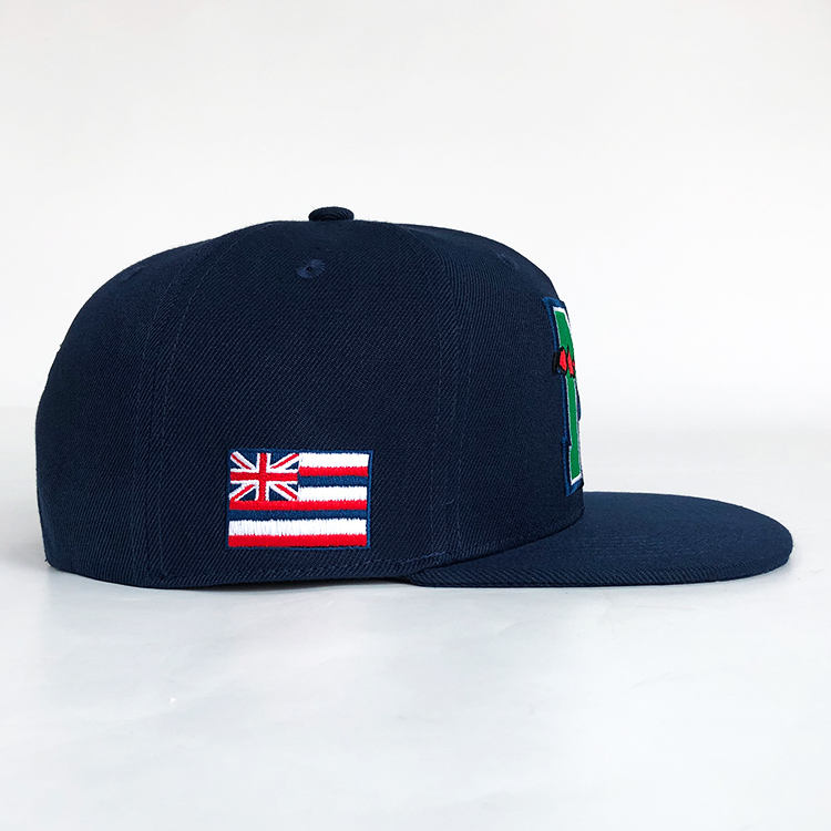 Navy Flat Brim Snapback Cap with Island Letter Embroidery