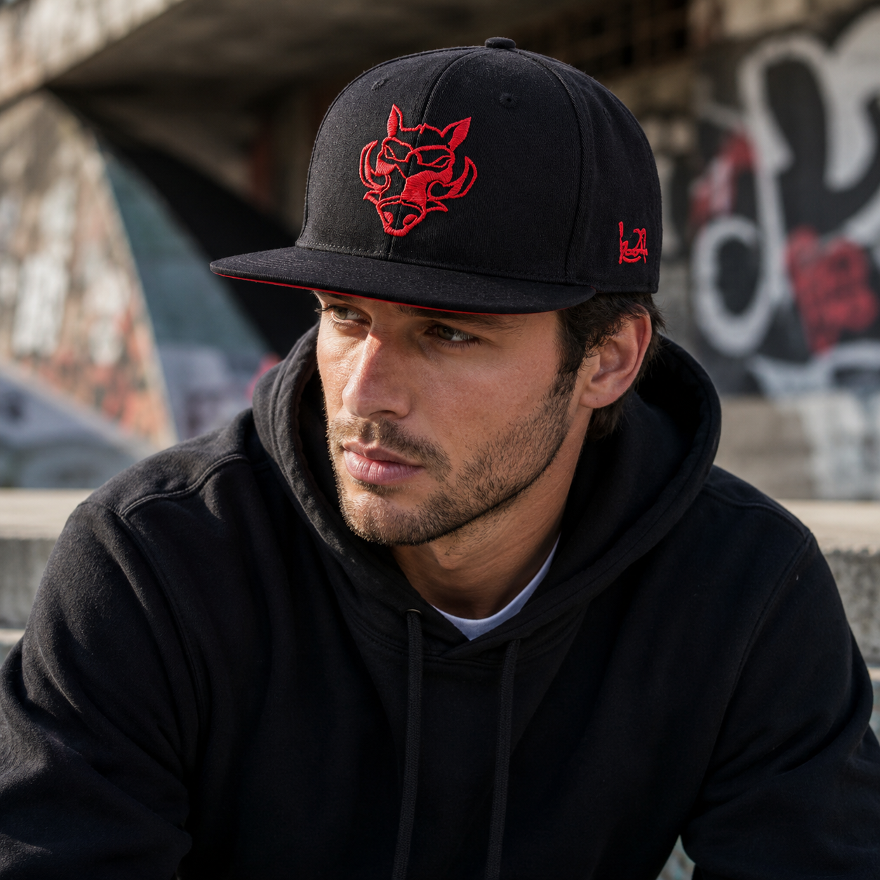 Black Six-Panel Flat Brim Snapback Cap with Red Graphic Embroidery