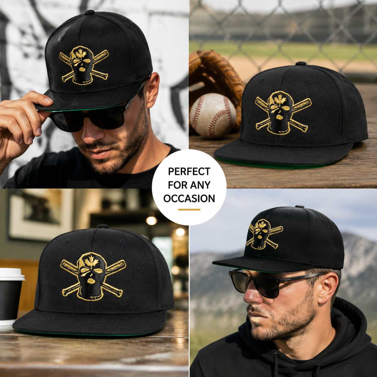 Black Flat Brim Embroidered Skull Graphic Snapback Cap